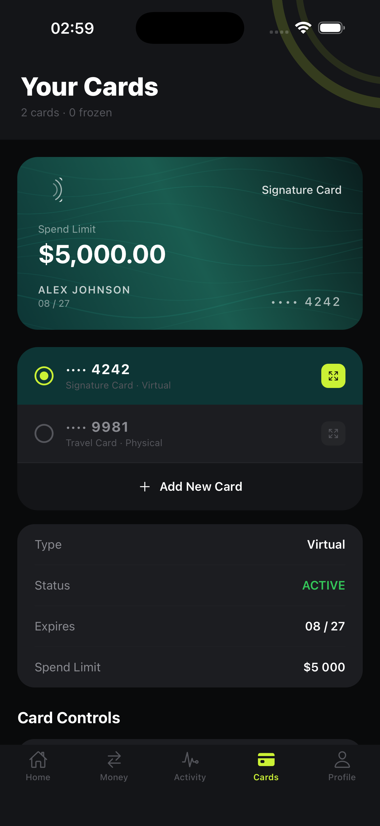 Cards screen