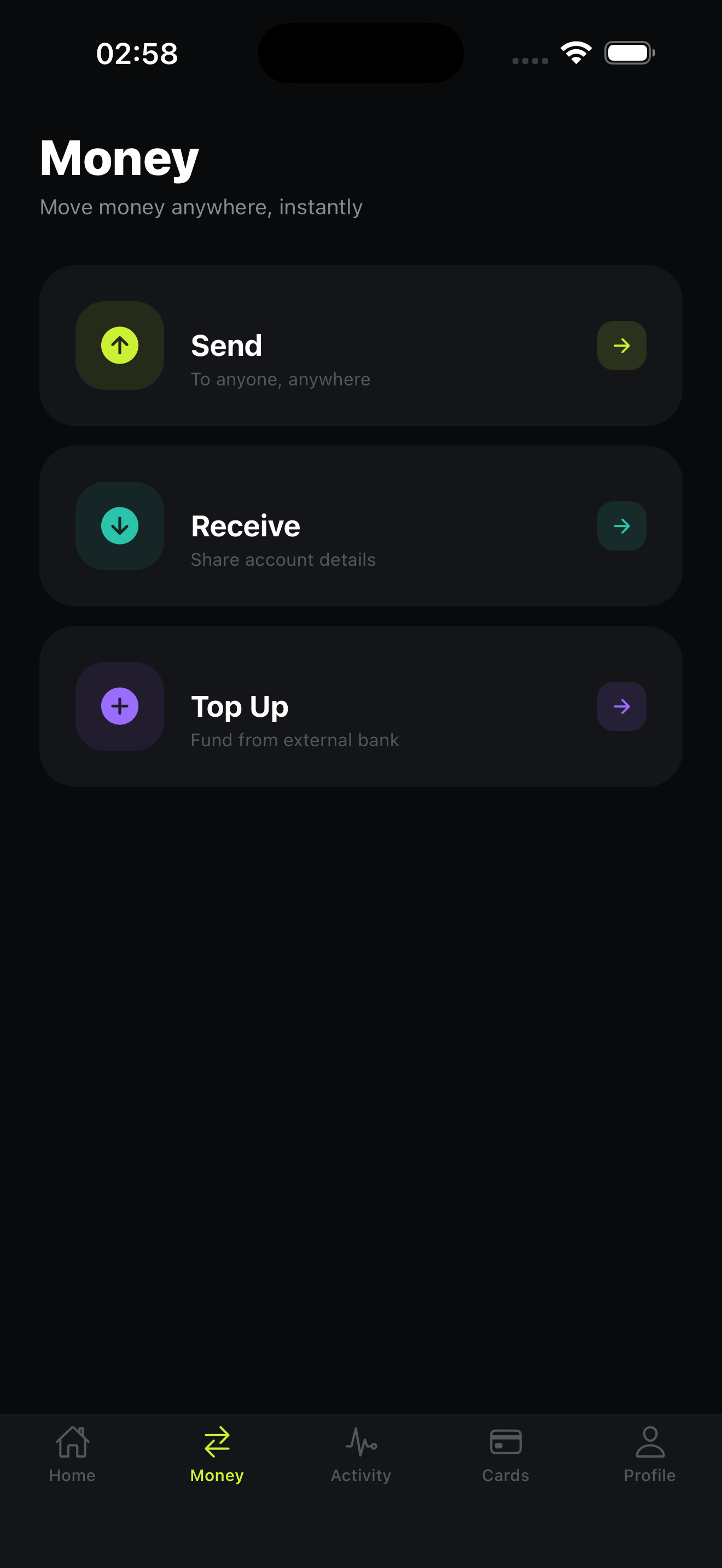 Send money screen